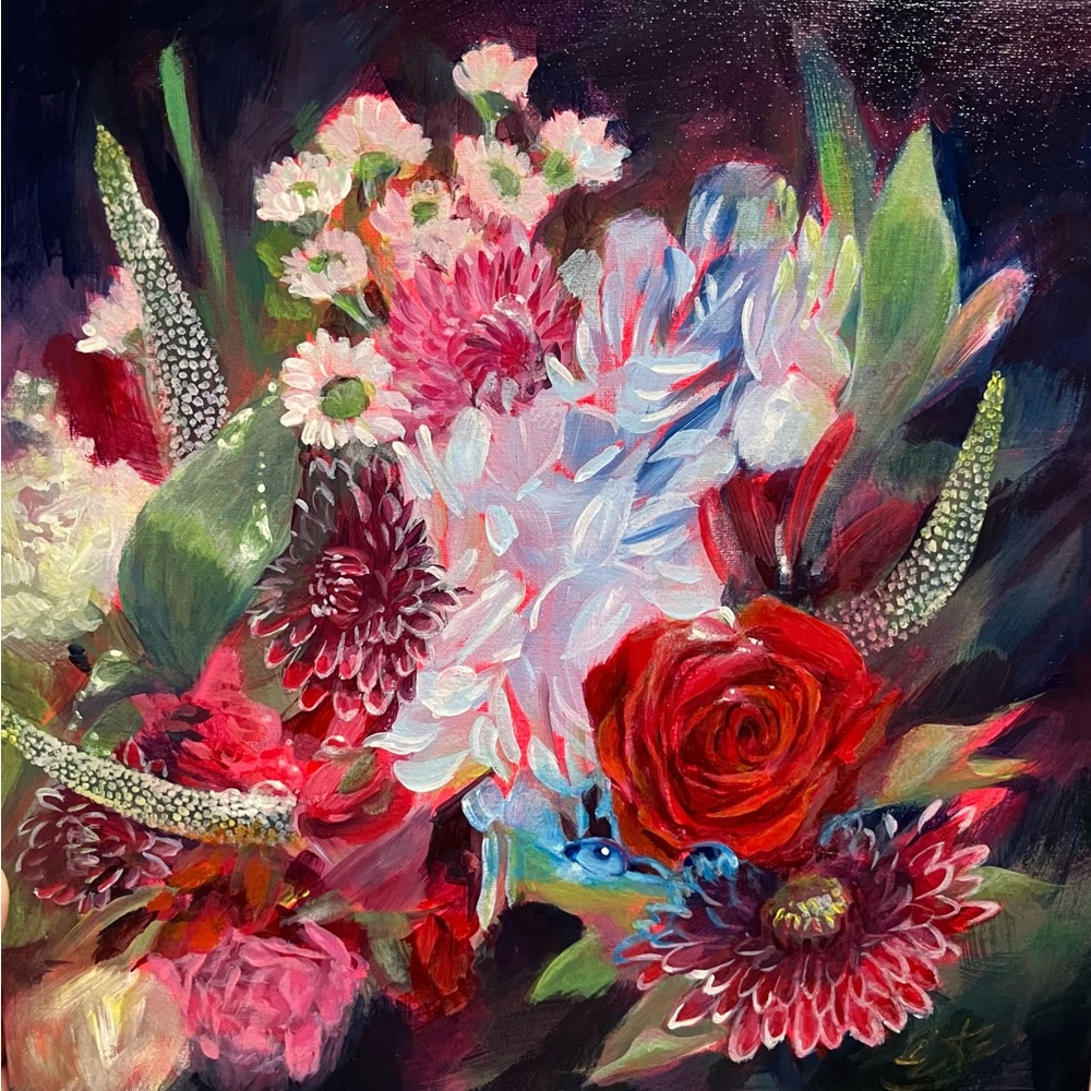 Original painting blue ladybug bouquet flower art floral still life surrealism